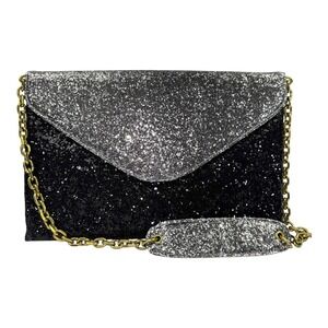J CREW Black Silver Glitter Chain Cocktail Party Small Envelope Purse Bag Clutch